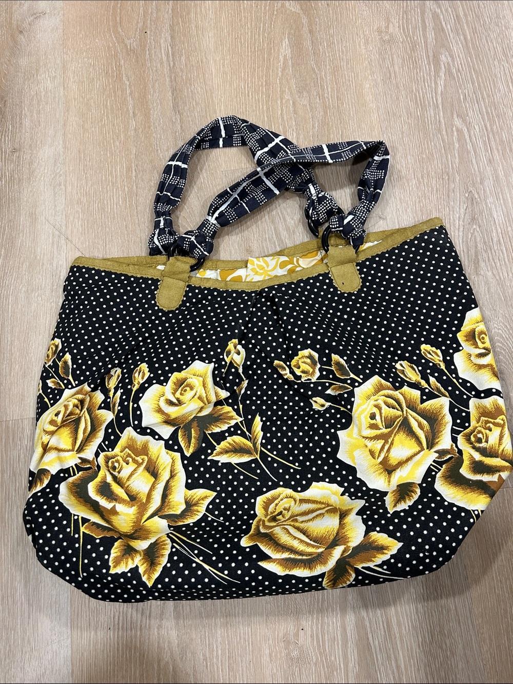 Women's Black Tote Bag with Yellow Rose Floral Print